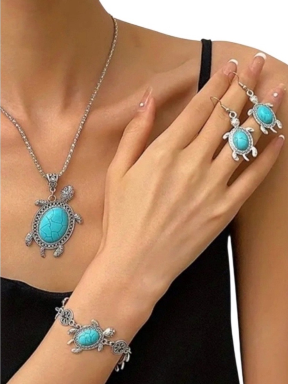 Turquoise Turtle Jewelry Set Silver Tone Necklace, Bracelet, Earrings Case NWT